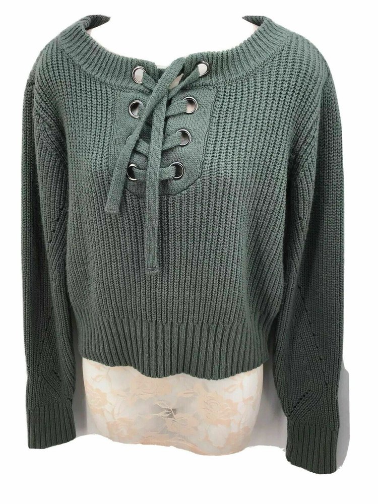 Kendall & Kylie Women’s Sx LG Lace Up V-Neck Cropped Chunky Ribbed Sweater